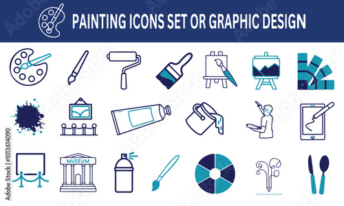 Graphic design or painting icon set. Paintbrush, art work, art gallery, palette, artist, museum, painter, Vector illustration.