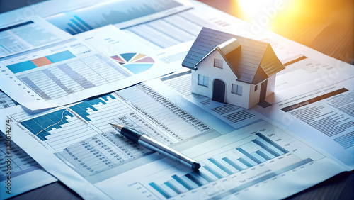 Miniature house model on financial documents for real estate investment analysis concept
