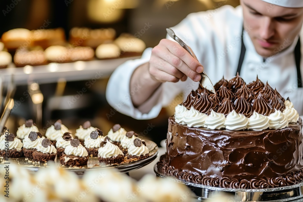 A pastry chef decorating an elaborate cake in a bakery. A pastry chef decorating an elaborate cake in a bakery.