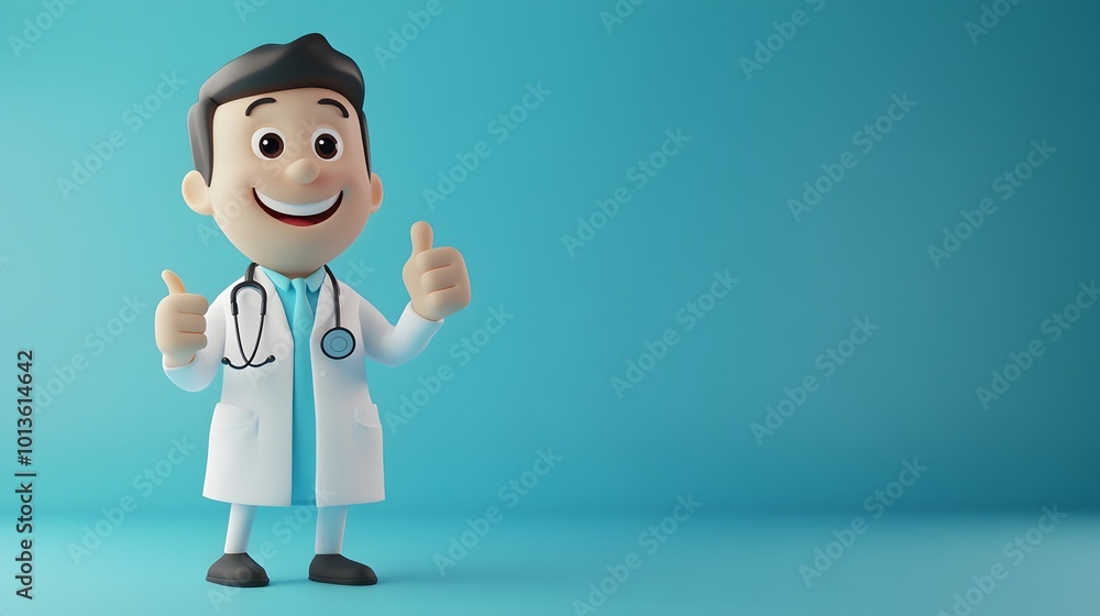 3d render. Doctor cartoon character wearing stethoscope and pointing up. Clip art isolated on blue background. Professional consultation. Medical concept. 
