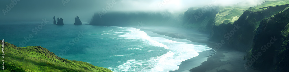 Naklejka premium Morgennebel am Meer: Mystische Küstenlandschaft mit Felsnadeln