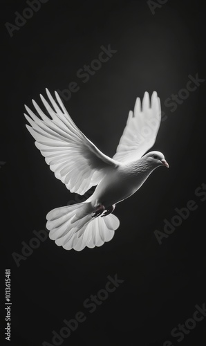 The photograph shows a dove in flight against a black backdrop in black and white