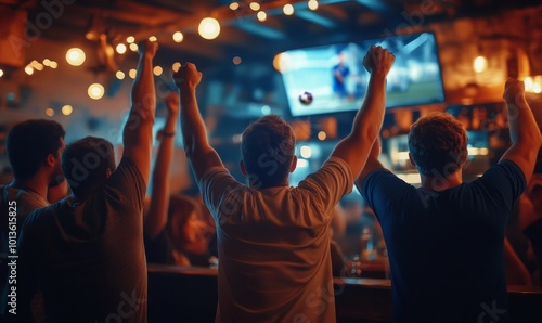 Soccer Club Members Cheering for Their Team, Playing in an International Cup Final. Supportive Fans Standing in a Bar, Cheering, Raising Hands and Shouting. Friends Celebrate Victory After the