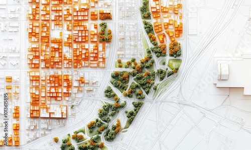 A detailed, technical blueprint showcasing urban planning and city zoning. A layout of a city, including residential, commercial, industrial zones and, Generative AI photo