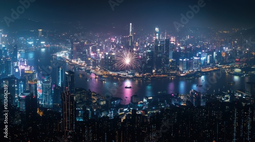 Mesmerizing Nighttime Cityscape with Towering Skyscrapers and Glowing Reflections on the River