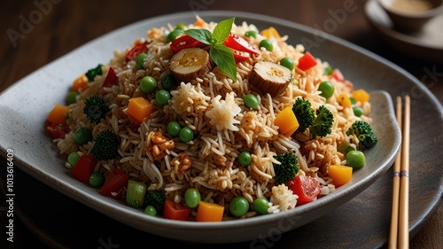 Realistic illustration of a plate of special fried rice served beautifully to stimulate the appetite