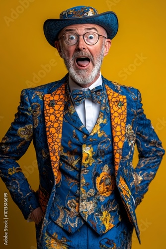 Senior man wearing an orange hat and a blue and orange suit.