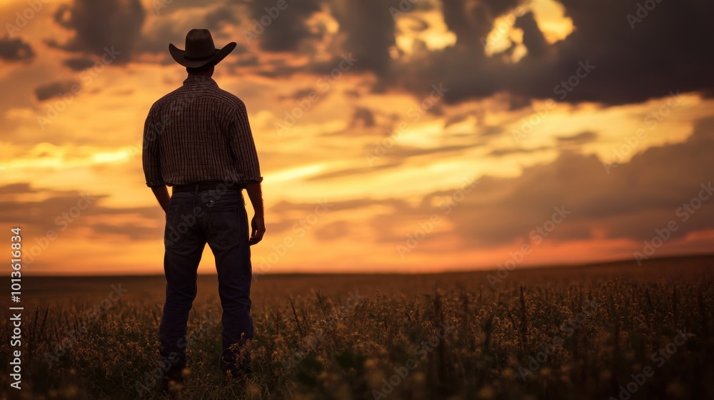 Cowboy Silhouette in a Field at Sunset Cowboy Silhouette in a Field at Sunset