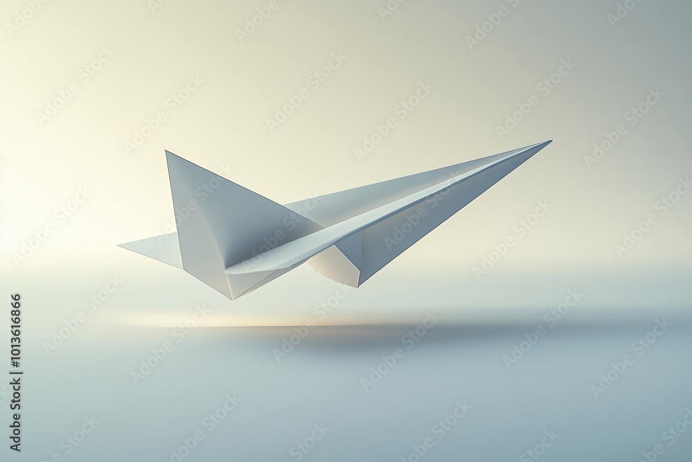A floating paper airplane against a soft, gradient background in a serene atmosphere A floating paper airplane against a soft, gradient background in a serene atmosphere