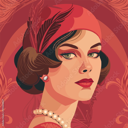 1920s flapper style portrait with glamorous outfits and retro vibes, flat portrait, vector illustration.