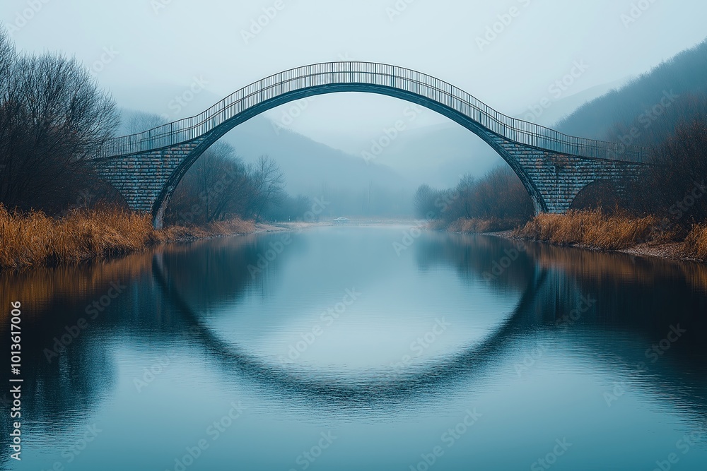 Obraz premium A serene misty morning at the curved bridge over a calm river encircled by mountains