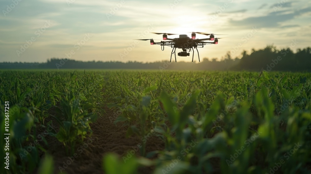 Drone Flying Over A Field Of Green Crops At Sunset Drone Flying Over A Field Of Green Crops At Sunset