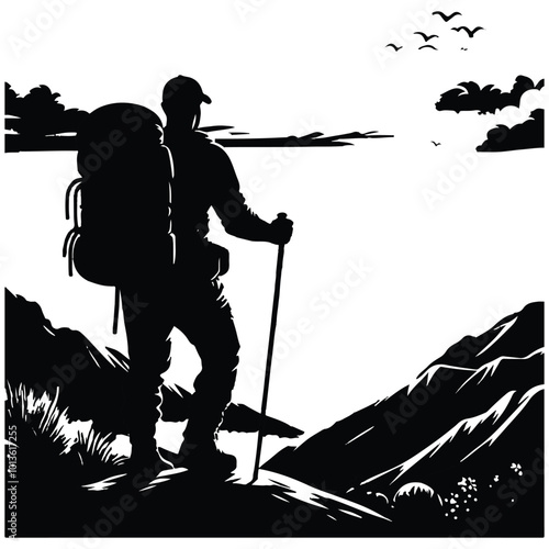 A black and white illustration depicting a man carrying a backpack and holding a camera, ready for an adventure