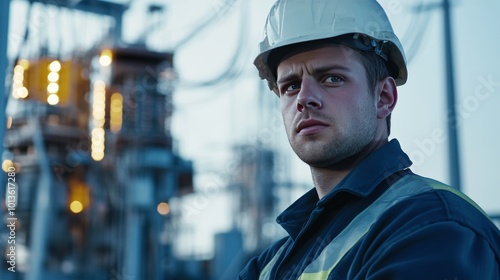 Electrician in safety gear at high voltage substation with transformers, focused and serious