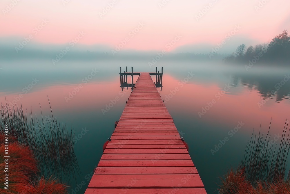 Fototapeta premium Serene wooden dock at dawn, extending into a misty lake with soft pink and purple skies