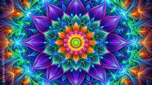 Vibrant, whirling lotus mandala surrounded by kaleidoscope of neon purple, green, blue, and orange hues, evoking meditation energy and floral elegance in abstract art.