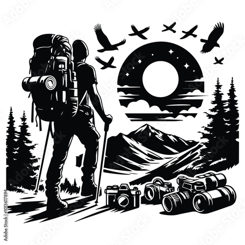 A black and white illustration depicting a man carrying a backpack and holding a camera, ready for an adventure