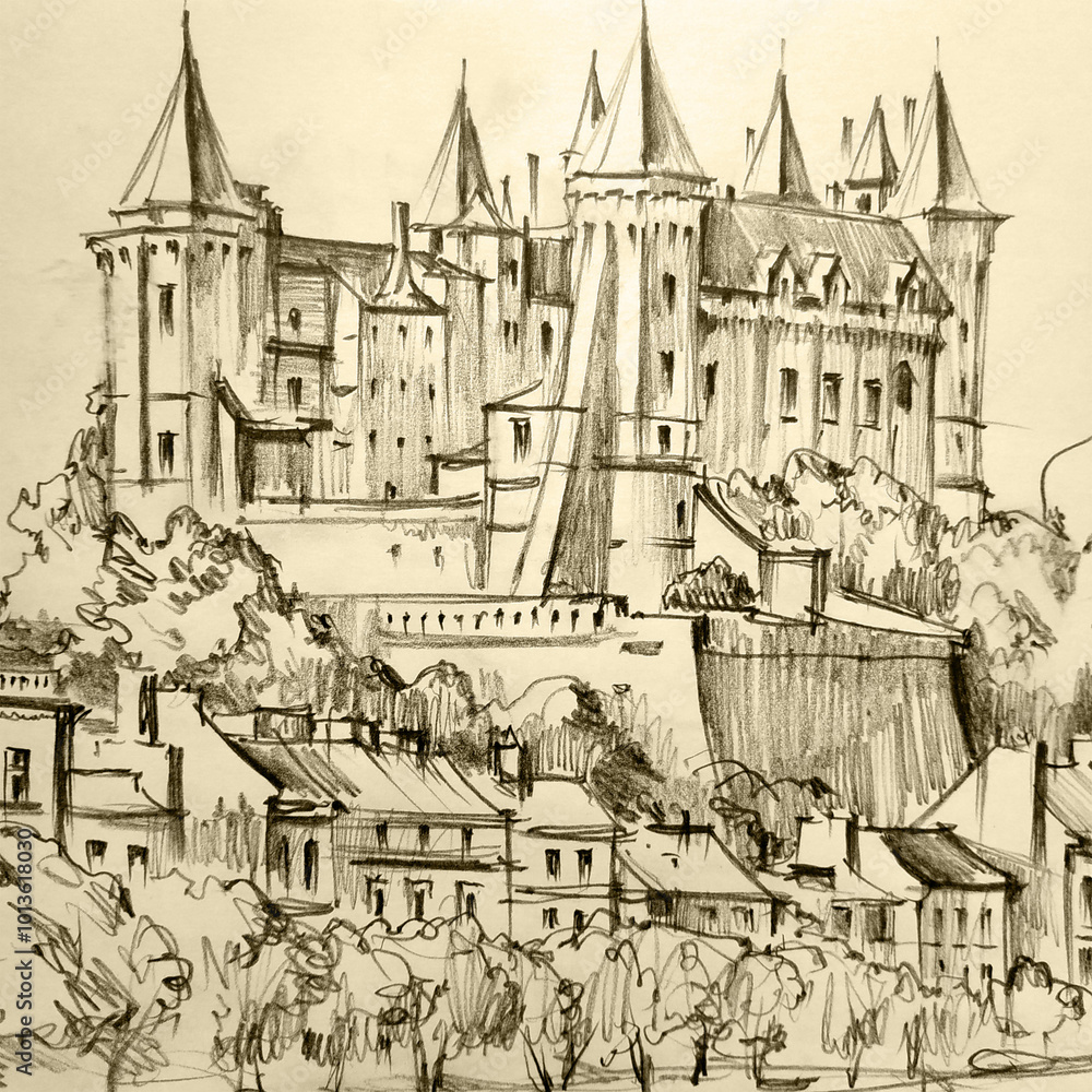Obraz premium A sketch of a medieval European city and a royal castle made from life in black and white. Architectural monument, cultural and historical value.