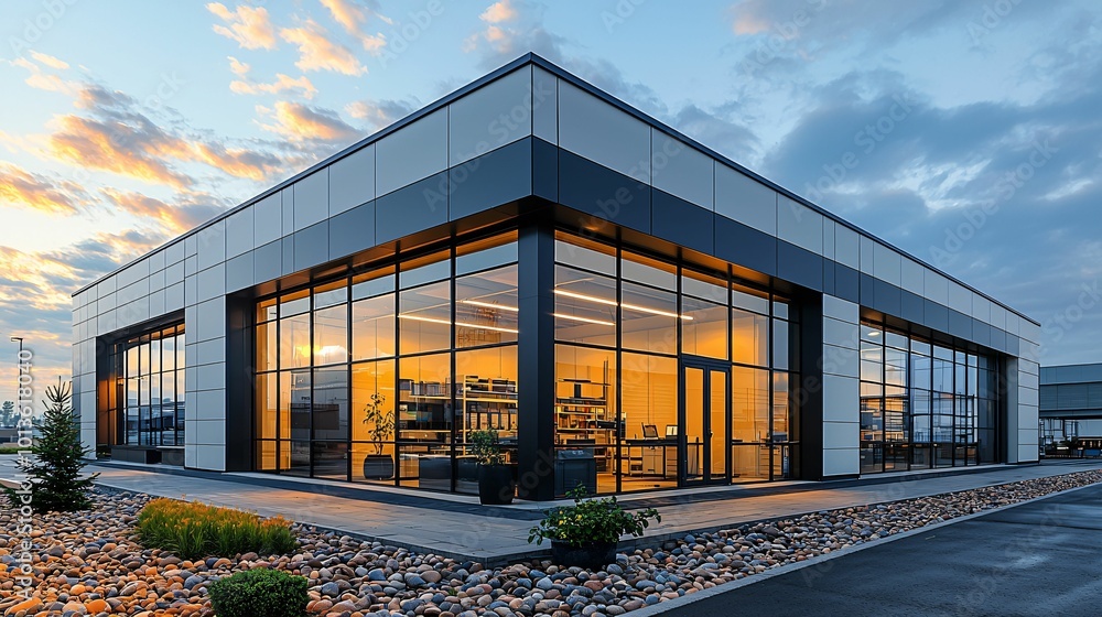 modern warehouse exterior featuring large glass windows and small office space, illuminated by warm glow of sunset. sleek design and surrounding landscaping create welcoming atmosphere modern warehouse exterior featuring large glass windows and small office space, illuminated by warm glow of sunset. sleek design and surrounding landscaping create welcoming atmosphere