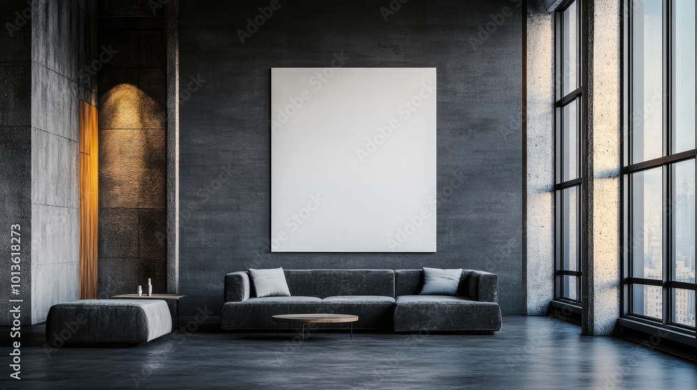 Loft-Style Living Room with Blank Art Canvas and Modern Minimalist Design, mockup Loft-Style Living Room with Blank Art Canvas and Modern Minimalist Design, mockup
