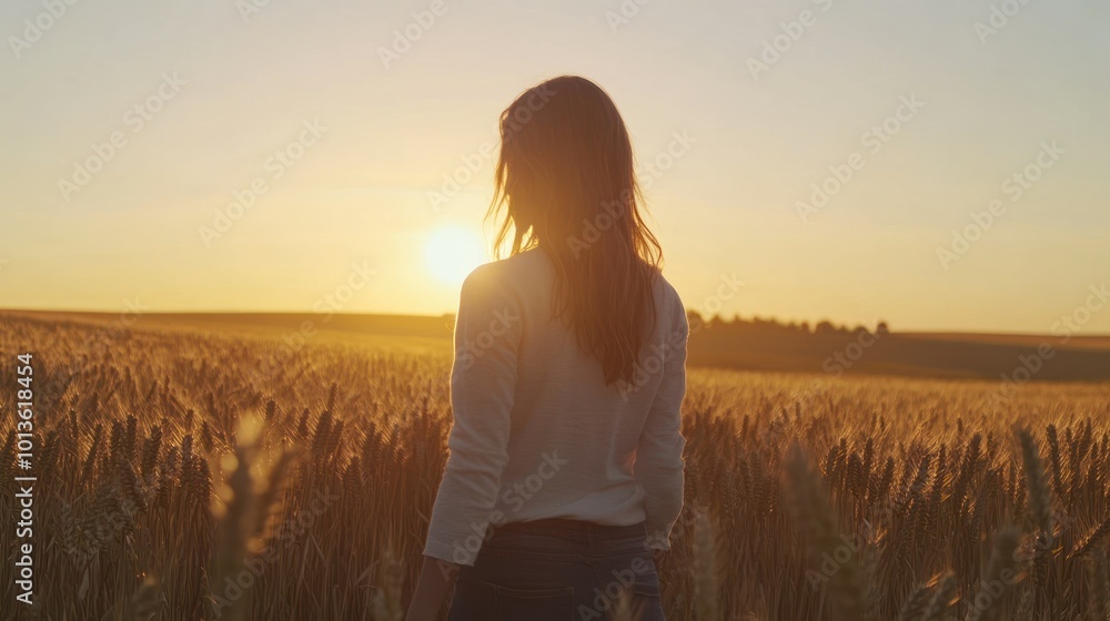 A Woman Standing in a Wheat Field at Sunset A Woman Standing in a Wheat Field at Sunset