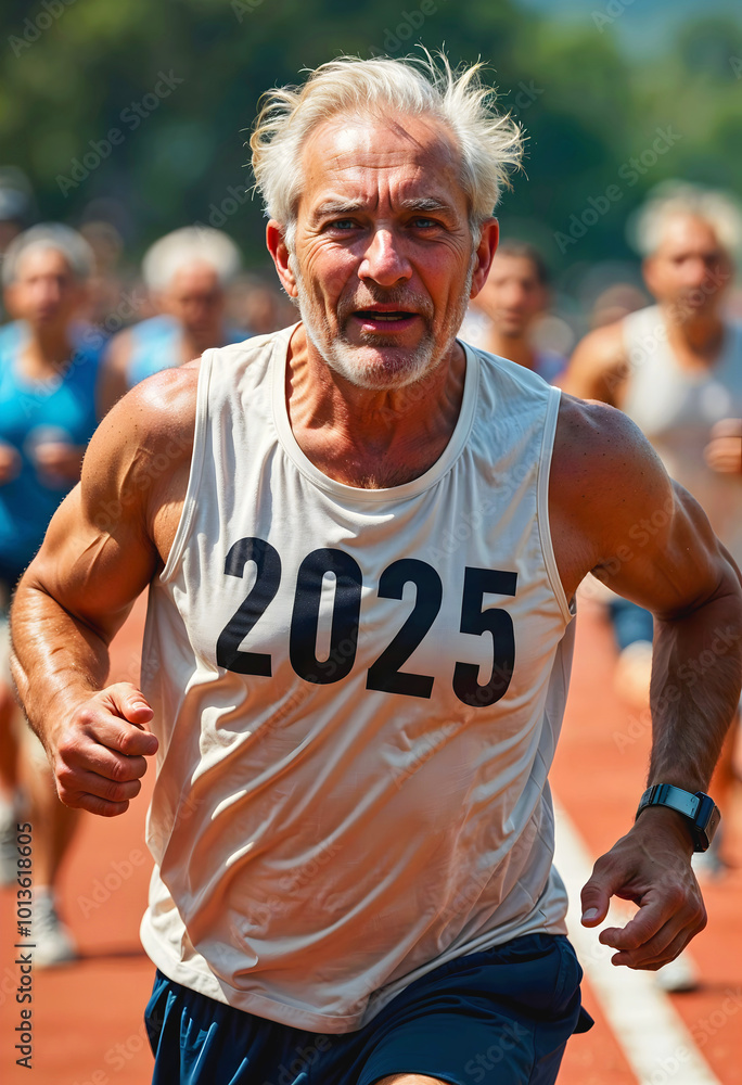 Portrait of elderly handsome man running marathon race in the street, happy new 2025 year, active seniors, sport and activities,