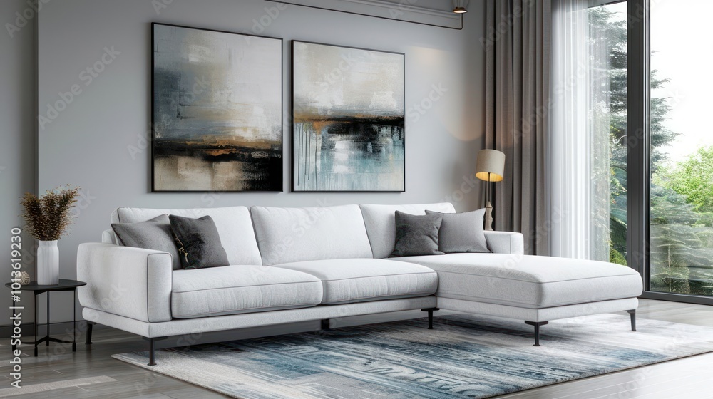 Fototapeta premium Modern white sectional sofa with two abstract paintings and a blue patterned rug in a living room.