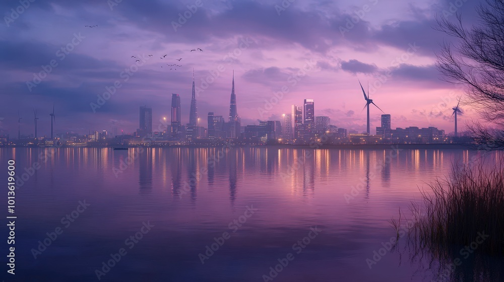 Naklejka premium Serene cityscape with wind turbines during a purple sunset reflection