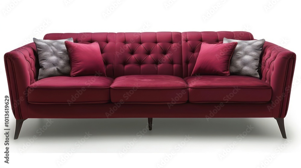 Fototapeta premium A luxurious, crimson red velvet sofa with tufted upholstery and silver accent pillows on a white background.