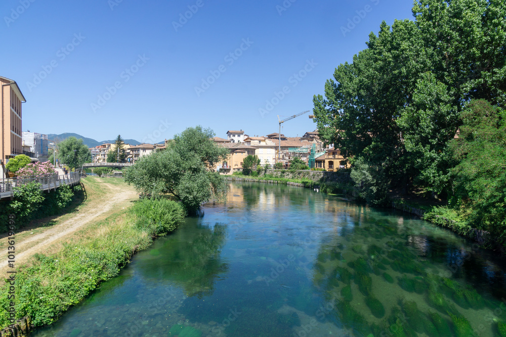 Panoramic view of the Velino river as it passes through the city of Rieti, Italy Panoramic view of the Velino river as it passes through the city of Rieti, Italy