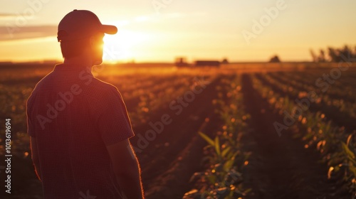 Silhouetted Farmer Gazing at a Sunset over a Field
