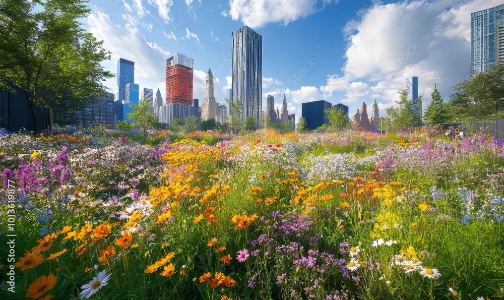 A lush urban green space flourishes with vibrant wildflowers, showcasing biodiversity amidst the concrete jungle of a bustling city center, Generative AI A lush urban green space flourishes with vibrant wildflowers, showcasing biodiversity amidst the concrete jungle of a bustling city center, Generative AI