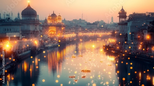 Illuminated cityscape with glowing lanterns floating on a reflective river