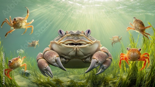 Underwater scene featuring crabs in a sunlit aquatic environment photo