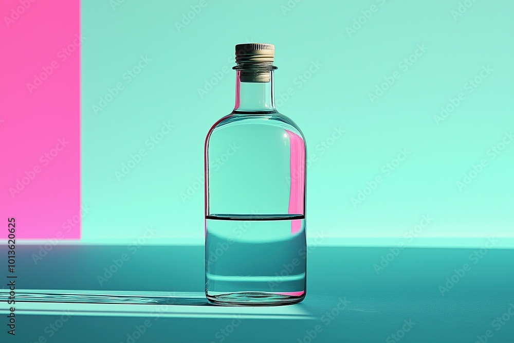 Clear glass bottle filled with water against a vibrant teal and pink backdrop in natural light Clear glass bottle filled with water against a vibrant teal and pink backdrop in natural light