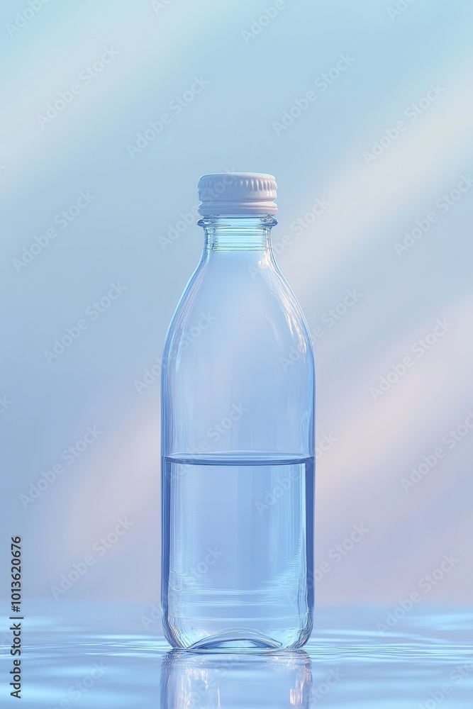 Clear bottle of water standing on a reflective surface against a soft blue background Clear bottle of water standing on a reflective surface against a soft blue background
