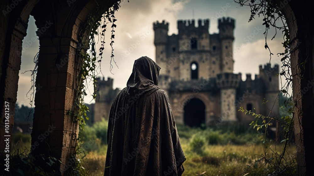 Naklejka premium Mysterious Figure in Tattered Cloak Near Ancient Castle
