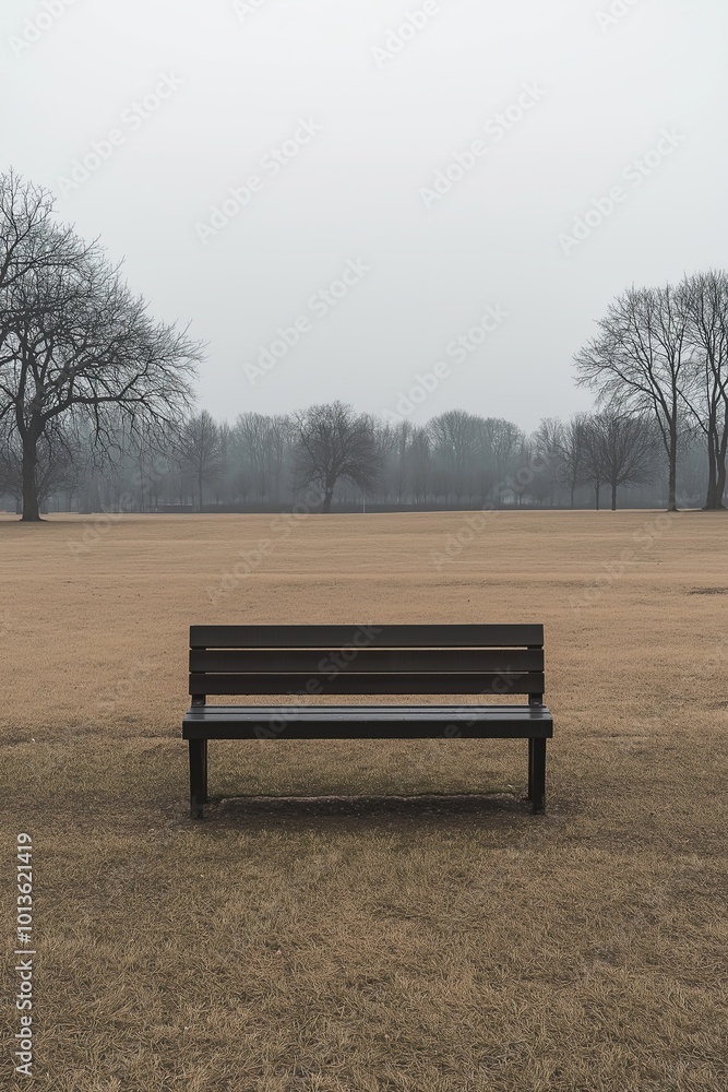 A solitary bench in a vast, empty park on a foggy winter morning with bare trees nearby A solitary bench in a vast, empty park on a foggy winter morning with bare trees nearby