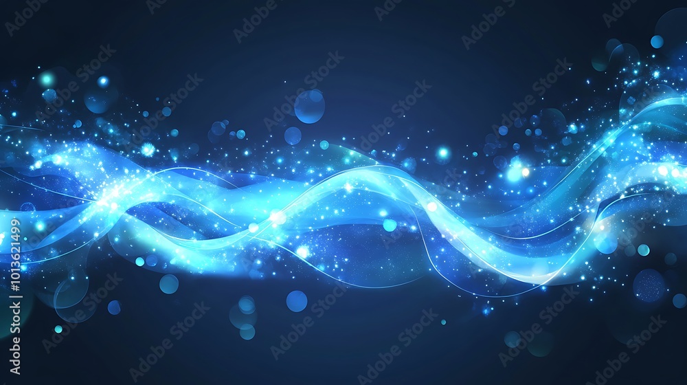 Obraz premium Abstract blue wave with sparkling lights on dark blue background.