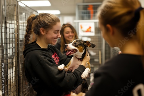 Friends and family volunteering at a pet shelter on Thanksgiving.  photo