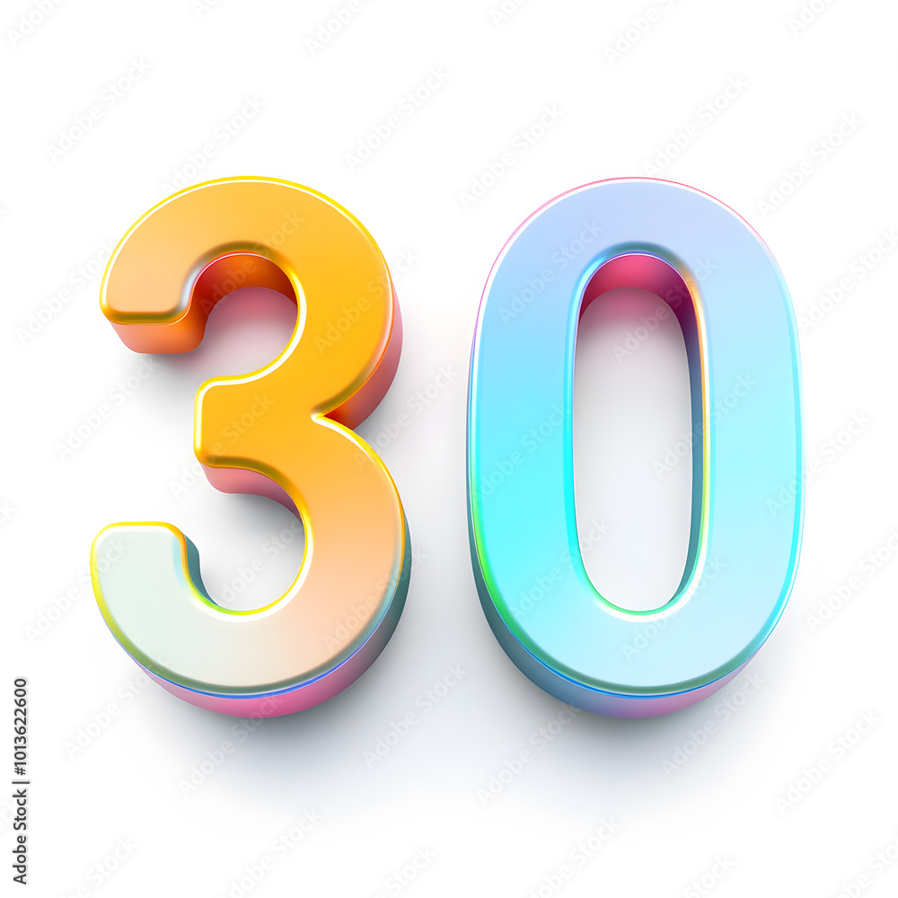 3D icon, number 30, white background, smooth textures, vibrant colors. Generative AI 3D icon, number 30, white background, smooth textures, vibrant colors. Generative AI