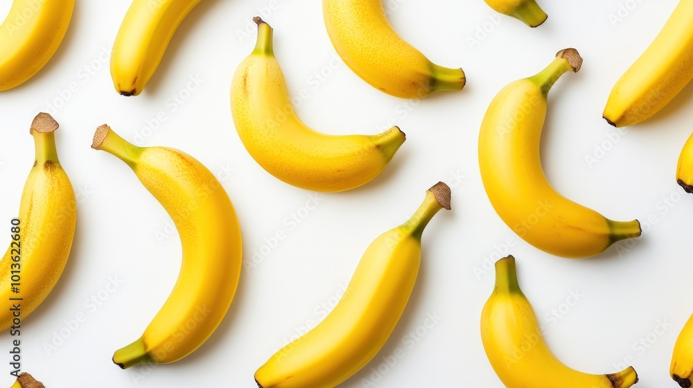 A pattern of ripe yellow bananas on a white background. A pattern of ripe yellow bananas on a white background.