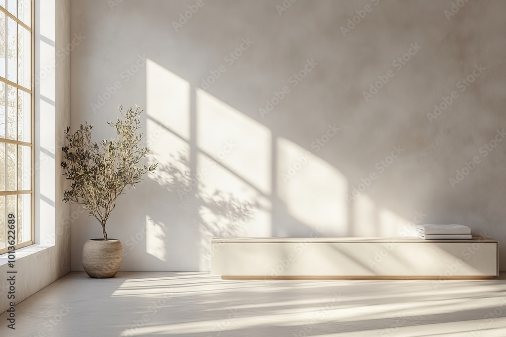 Obraz premium Light exhibition room interior with drawer, panoramic window and mockup frame, Generative AI