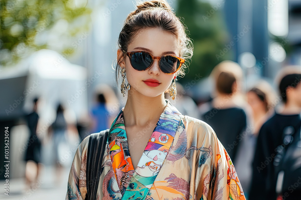 Street style photo of a woman in a colorful printed kimono, sunglasses, and earrings walking down the street during Fashion Week. Street style photo of a woman in a colorful printed kimono, sunglasses, and earrings walking down the street during Fashion Week.
