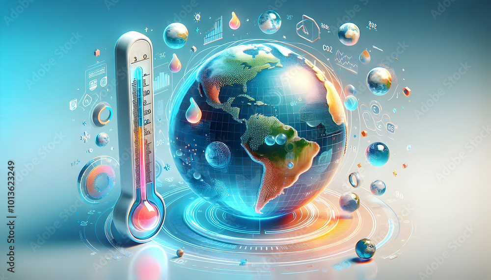 Fototapeta premium 3D Glossy globe and thermometer with holographic climate data floating above concept as A high angle shot of a glossy globe with a thermometer beside it. Holographic climate data such as temperature t