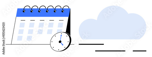 Spiral-bound calendar next to a clock and a cloud. Ideal for productivity, scheduling, organization, planning, cloud storage. Minimalist, modern style. Simple blue, white, black colour scheme