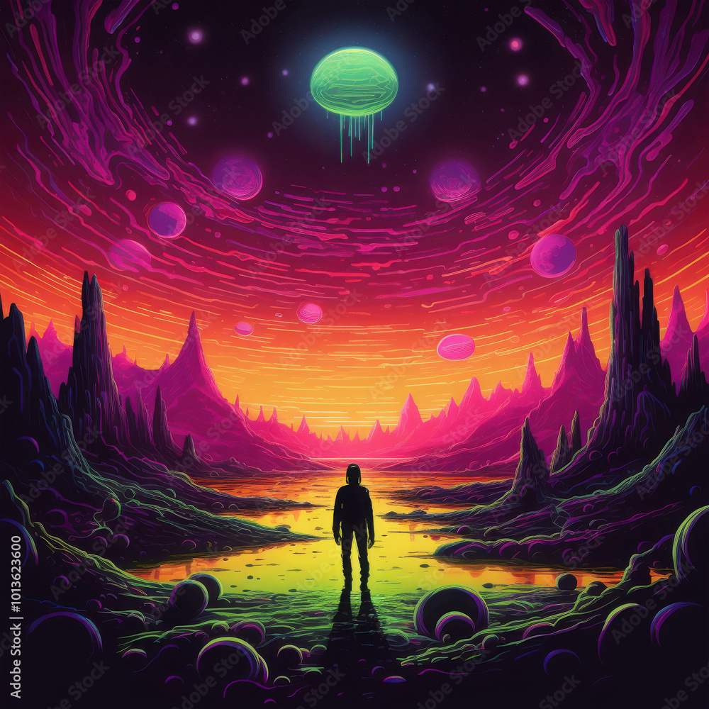 Fototapeta premium Neon Alien on a Colorful Planet Landscape