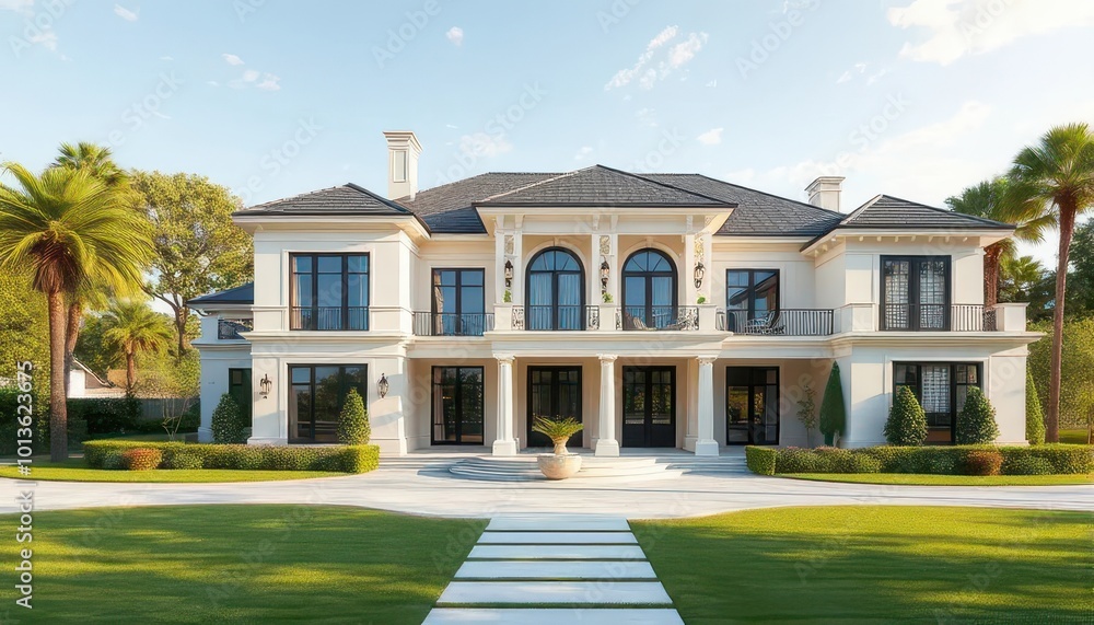 Fototapeta premium Modern architectural design of the house with panoramic glazing. Green area. Elite property