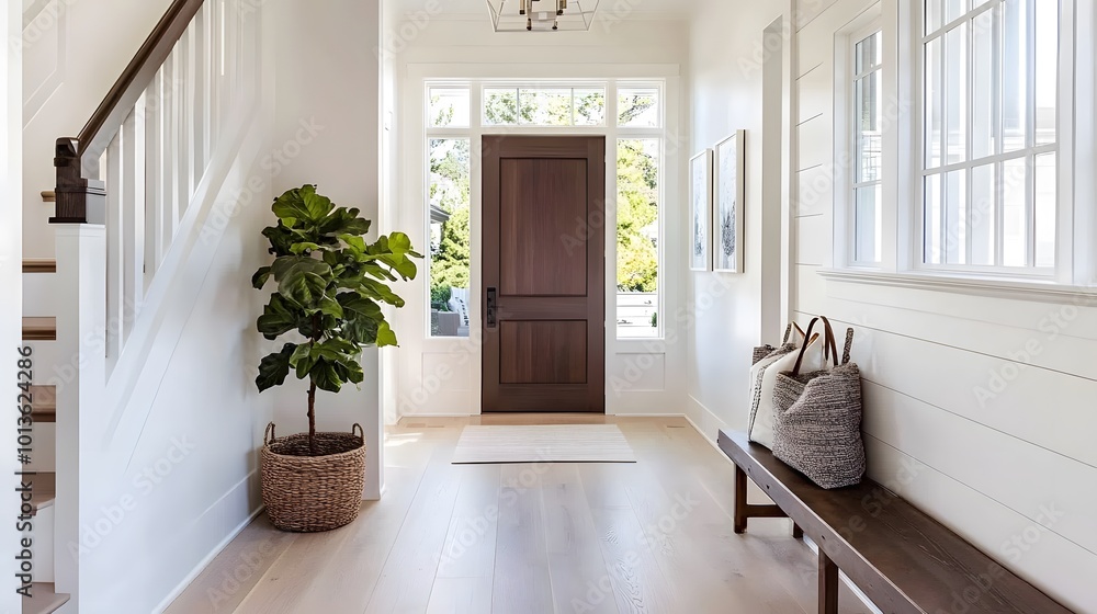 Bright and airy entry foyer with a white staircase, light hardwood flooring, and a dark walnut front door Bright and airy entry foyer with a white staircase, light hardwood flooring, and a dark walnut front door
