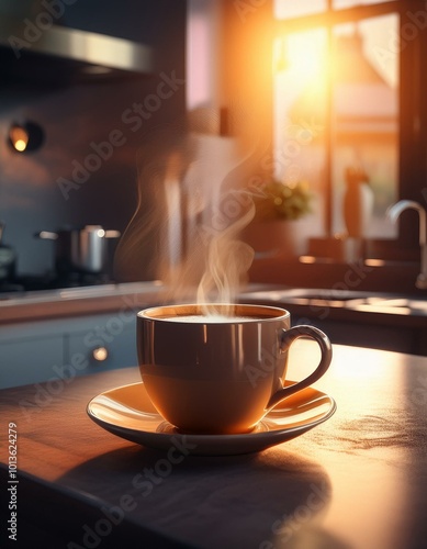 cup of coffee on the table, cup of coffee on table, cup of coffee, cup of coffee on a table, cup of coffee on table, steaming cup of coffee sits on a kitchen counter with soft morning sunlight illumin photo